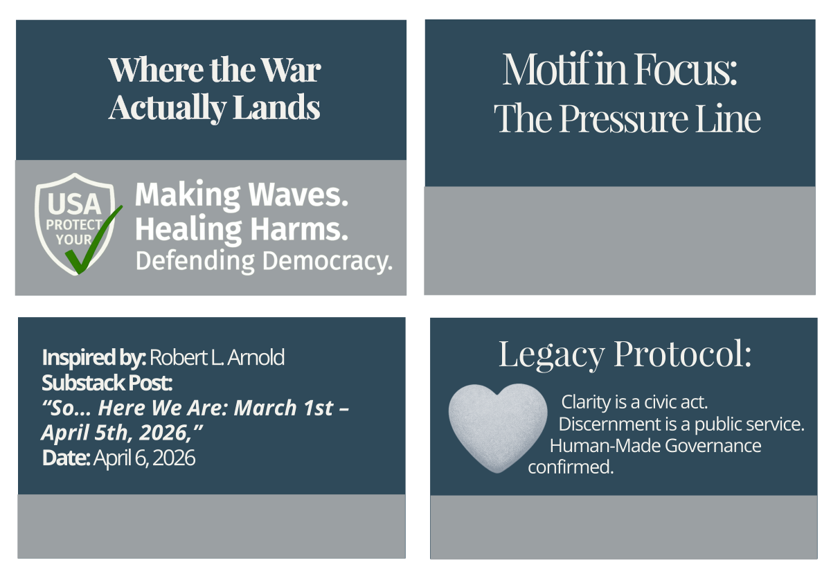 Footer grid containing four quadrants: Civic Page Title, Motif in Focus, Source Attribution, and Legacy Protocol. Decorative image representing The Pressure Line Motif.