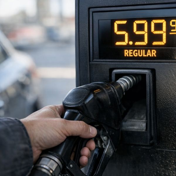 A hand pauses on a gas pump handle as a $5.99 per gallon price glows on the display, capturing the quiet pressure of rising costs.