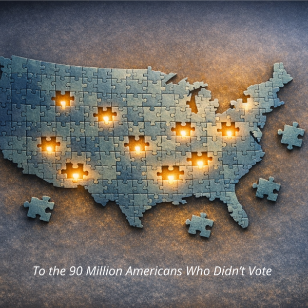 Silhouette of the United States formed from many small puzzle pieces, with several evenly spaced pieces missing that glow warmly from behind.