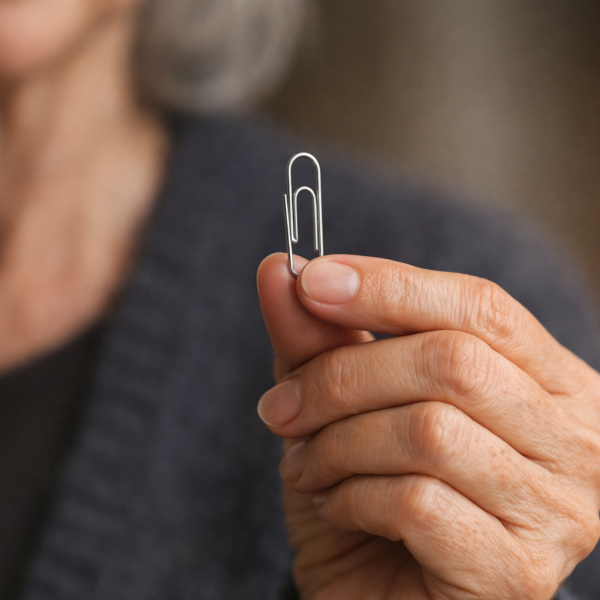 A mature woman’s hand holds a single silver paperclip between her thumb and forefinger, softly lit against a warm, blurred background.