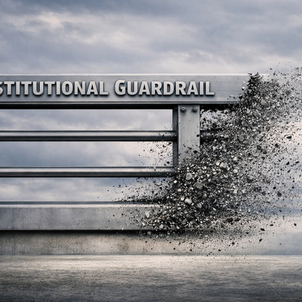 Brushed steel guardrail labeled “INSTITUTIONAL GUARDRAIL” in raised metallic letters across the top rail. The left side stands intact while the right side erodes into fine particles that fade into a cloudy sky, symbolizing the quiet weakening of institutional restraint and the gradual reduction of civic protections.