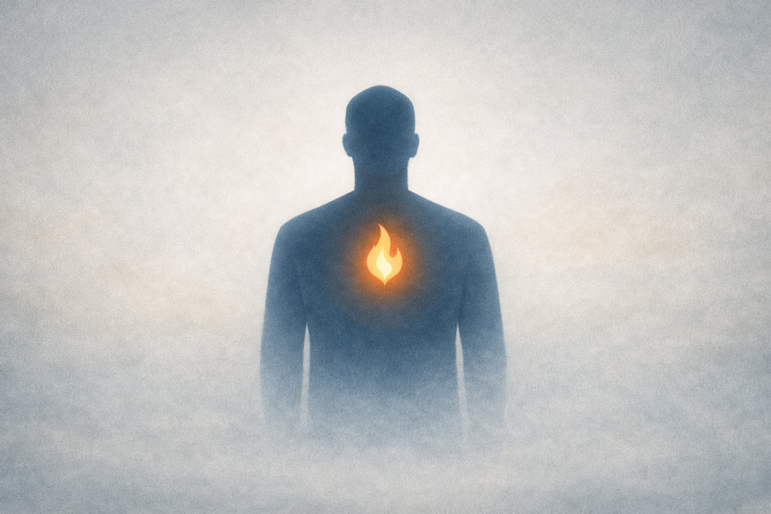 A solitary human silhouette stands in a soft, mist filled atmosphere, viewed from behind. At the center of the figure’s chest, a vivid orange flame glows brightly, casting subtle light into the surrounding haze. The image conveys inner resolve, quiet strength, and the idea of an enduring civic fire carried within each person.
